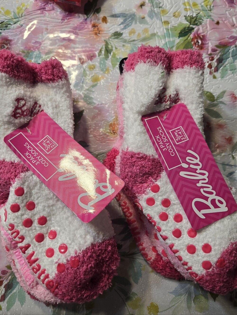 Barbie Pink & White Fuzzy Kids Non-Slip Slipper Socks 2t-4t. 2 Packs cozy Socks